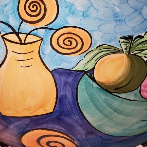 HAND PAINTED 14.5" VTG Fruit Centerpiece Bowl ALCOBACA PORTUGAL Large Abstract - Picture 2 of 5